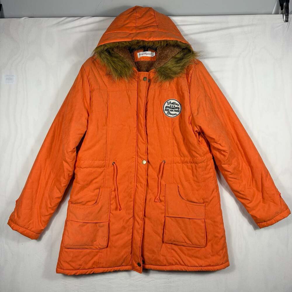 Fengzihyuan Orange Faux Fur Lined Hooded Parka Winter Coat XL